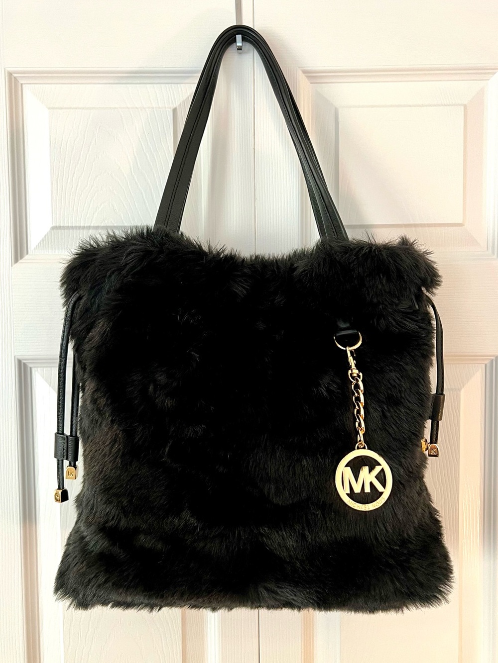 Michael Kors Black Faux Fur Tote with Suri Logo Gold MK Charm
